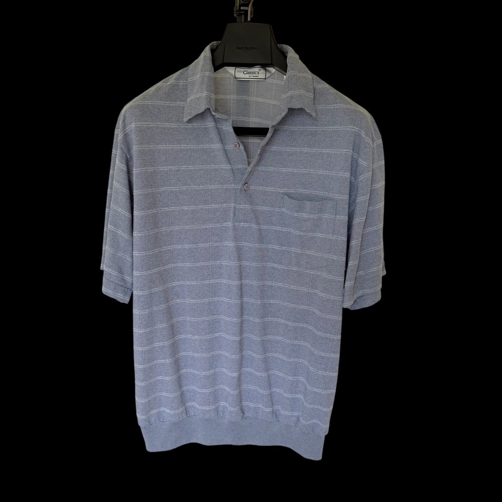 Vintage 80's Classics Palmland Blue Grid Banded Bottom Polo Shirt Large